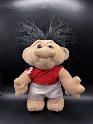 Vintage Troll Puppe 10 Zoll Plüschtier Stofftier Dänemark schwarze Haare & braune Augen