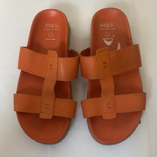 M&S Orange Leather Sandals Size 6 Slip On Summer Flat