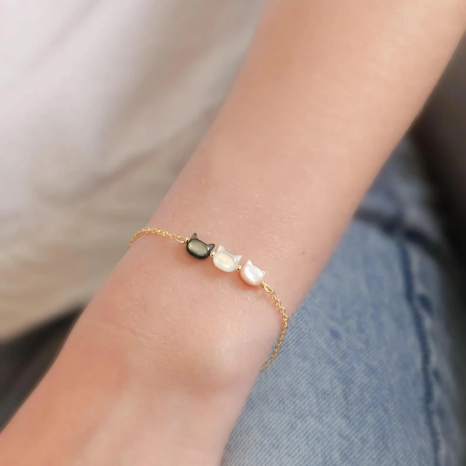 Pulsera madreperla gatito gato encanto oro 14K mascota memorial gato amante Foto 2 de 4