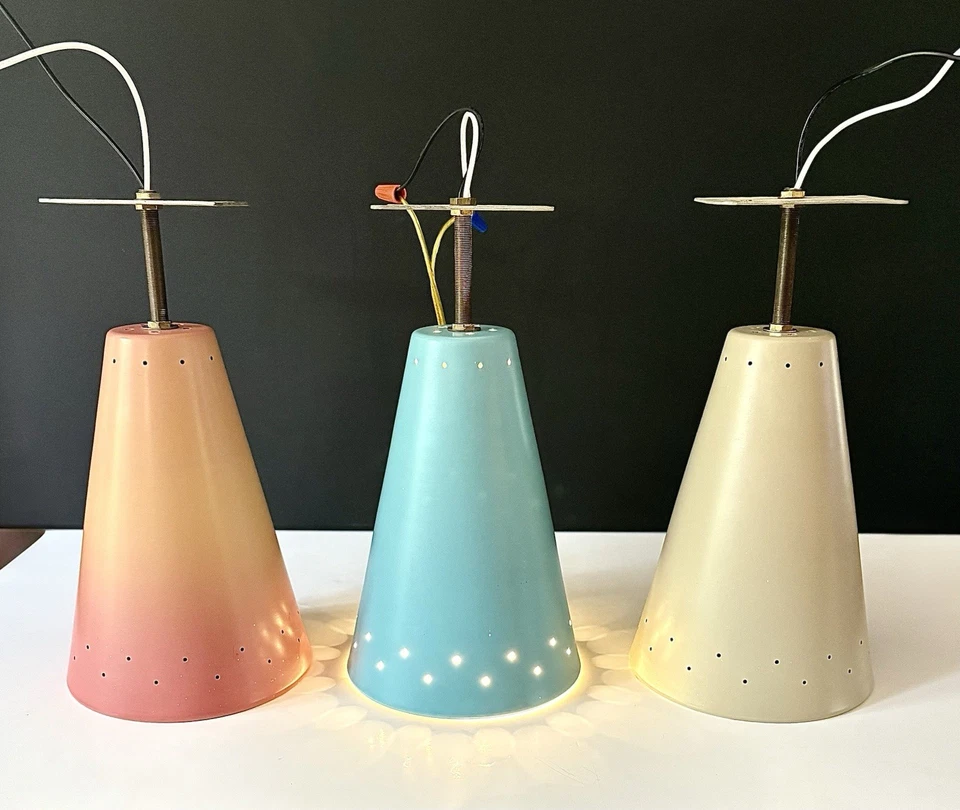 Vintage 1950s Mid Century Retro Atomic Industrial Multicolor Light Fixtures Set - Image 2 of 4