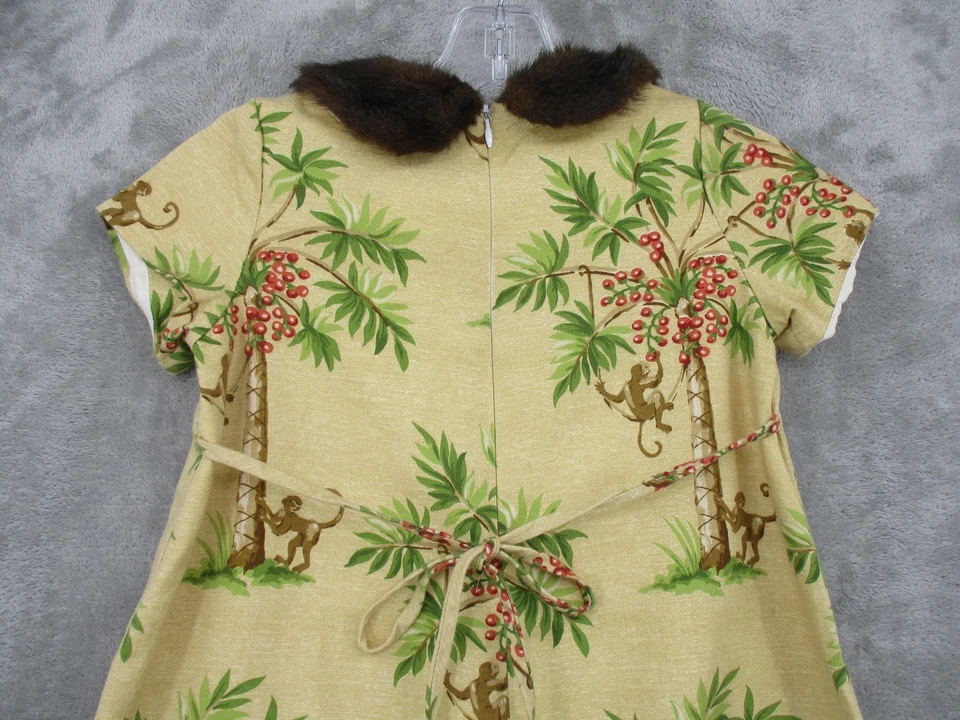 复古 Trish Scully 连衣裙 女孩 6 猴子 棕榈树 素食毛皮领 串珠 领带 — 第 3/4 张图片