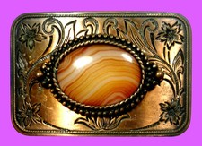 BELT BUCKLE - VINTAGE BANDED AGATE GEMSTONE, CARNELIAN CHALCEDONY - BRASS - NICE