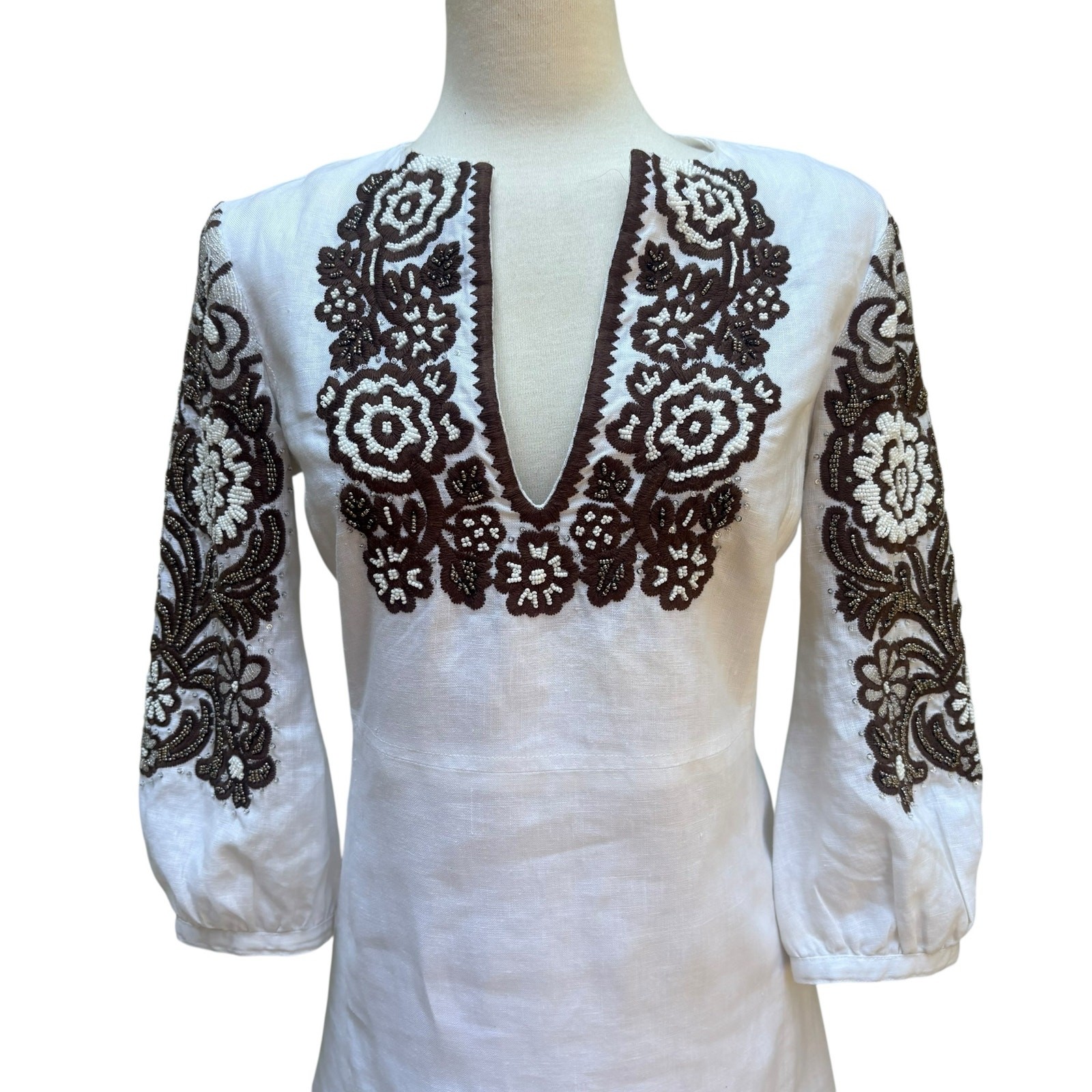 Tory Burch Beaded Mini Dress Tunic Sz 4 White Linen Brown Floral Embellished  thumbnail 2
