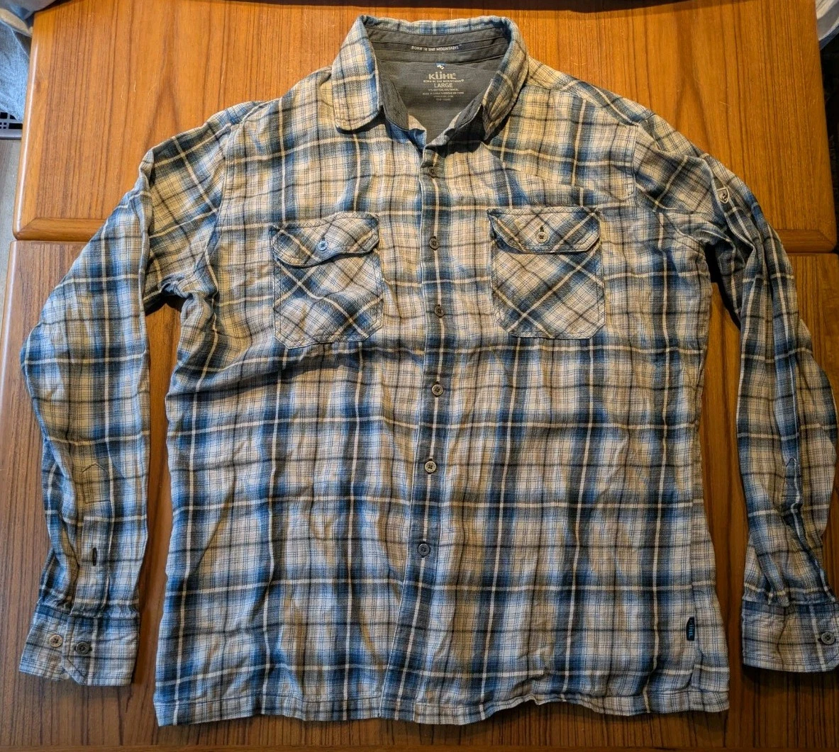 Kuhl Dillingr Flannel Shirt Mens Large Beige/Blue/Gray plaid Cotton Tencel Blend