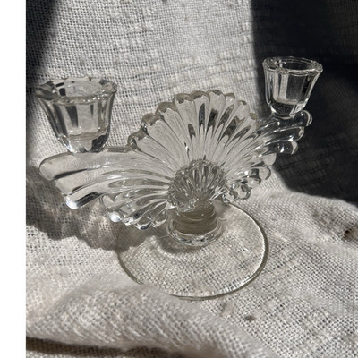 Antique Paden City Clear Glass Double Candle Holder With Fan Design