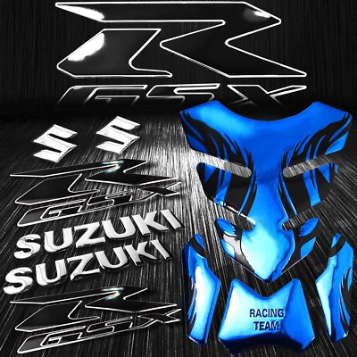 Chromed Blue Tribal Fire Gas/Fuel Tank Pad+3D 6'' Logo+GSXR 2-Tone Emblem Sticker