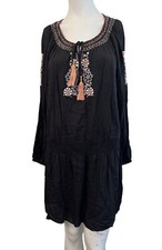 Large Black Oversized Crepe Embroidered Flowers Dress Long Sleeve Tassels NWT