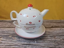 Celestial Seasonings 3 Piece Stackable Ceramic Teapot/Teacup Tea for one No Chip