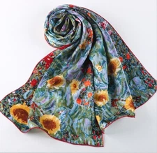 Oblong 100% Charmeuse Art Silk Scarf Klimt "Farm Garden with Sunflowers"