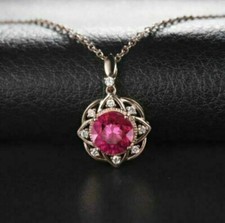 3Ct Round Cut Pink Ruby  Diamond Pendant Necklace 14K Rose Gold Over