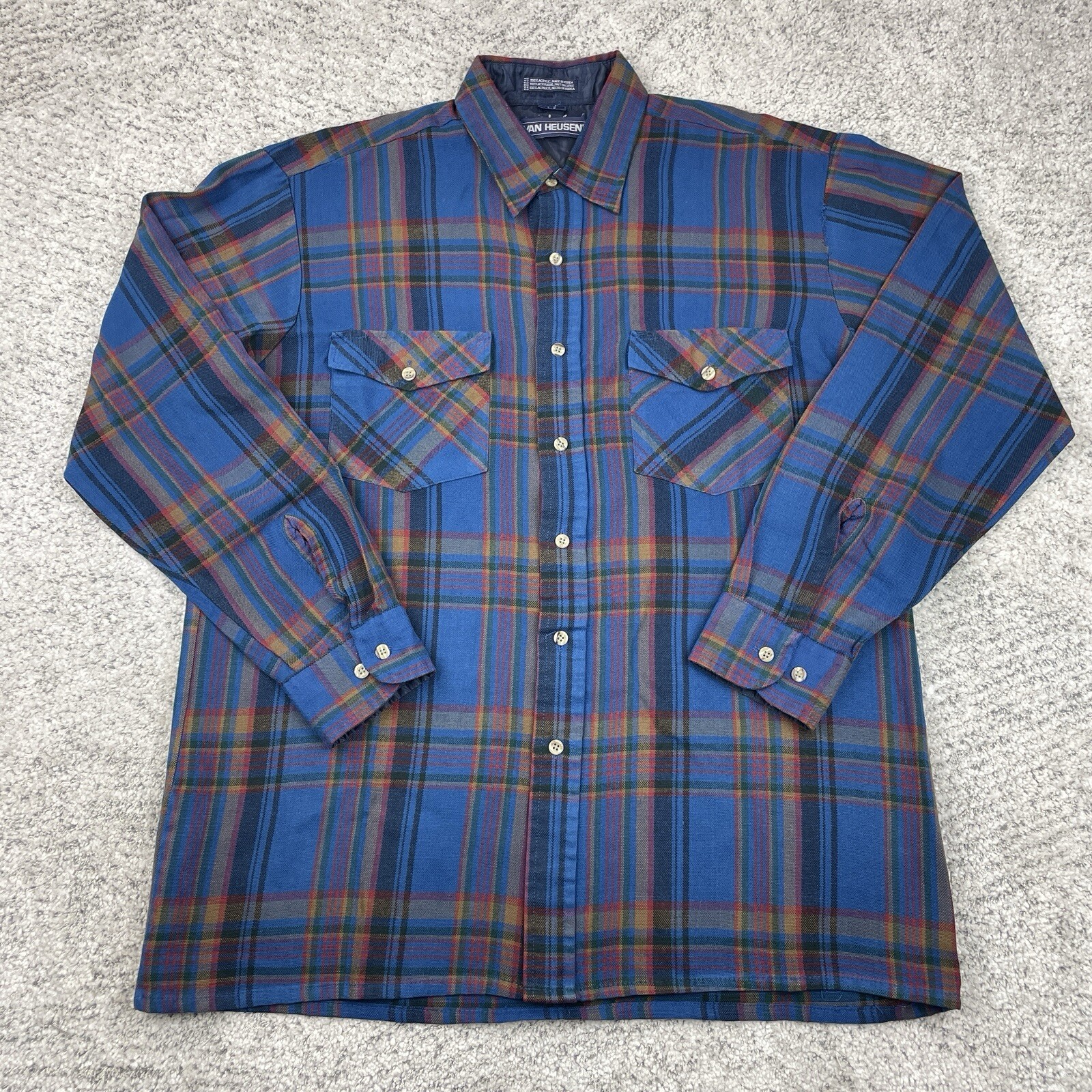 Vintage Flannel Shirt Mens Large *DEFECTS* Plaid Blue Grunge 90s Van Heusen Blue-image
