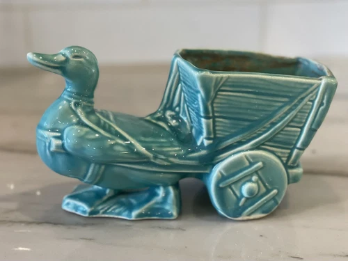 Vintage Nelson McCoy NM Turquoise Green Duck w/ Wagon Cart Planter Pot