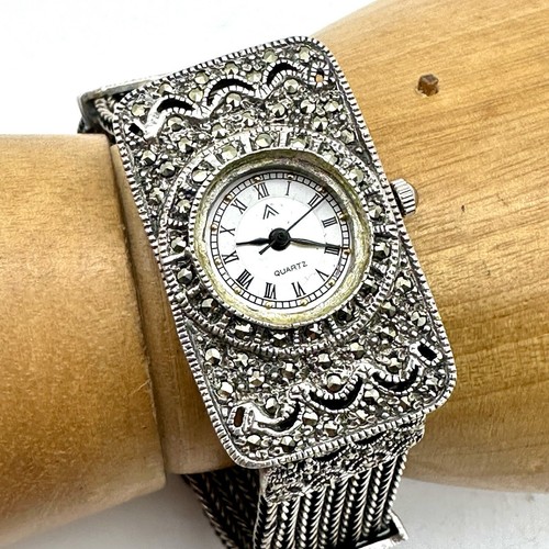 Reloj Pulsera Damas De Colección 1.7 oz Esterlina Ornamentado Marcasita Pavé Cuarzo No Funciona - Imagen 4 de 11