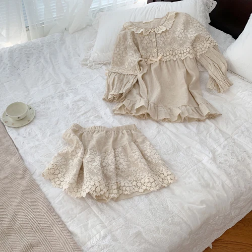 Women's Flower Embroidery Linen Pajama Summer Sets Tops+Shorts.Vintage Ladies - Picture 5 of 16