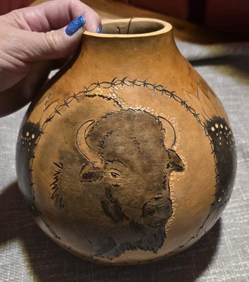 Nancy Overmeyer Signed Gourd Art ''Where Buffalos Roam'' 2021 Large EXQUISITE 9x9''