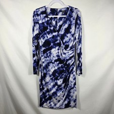 Chaps Tie Dye Print Dress Women's Size 14 Purple Black & White Ruched Side