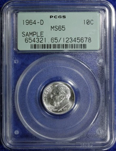 1964 D Roosevelt Silver Dime,  PCGS MS 65,  10c  90% Silver  Sample Label