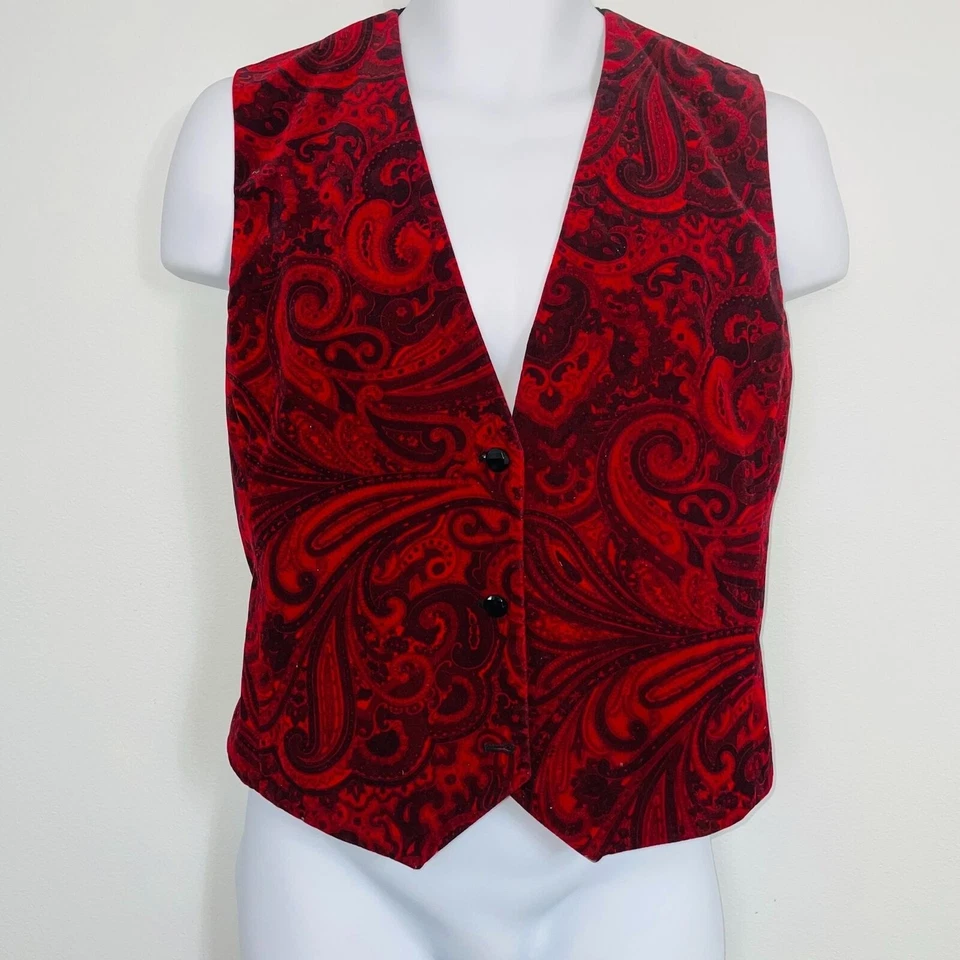 Chaleco vintage Leslie Fay para mujer M rojo negro terciopelo cachemir Foto 2 de 4