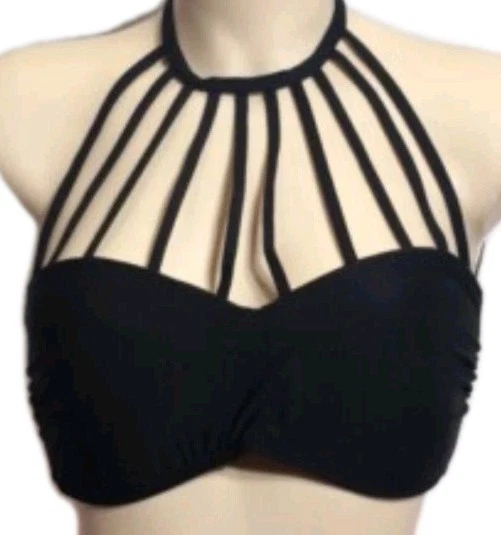 Kenneth Cole High Neck Bikini Top Women L Black halter swimsuit Strappy  - Image 2 of 4