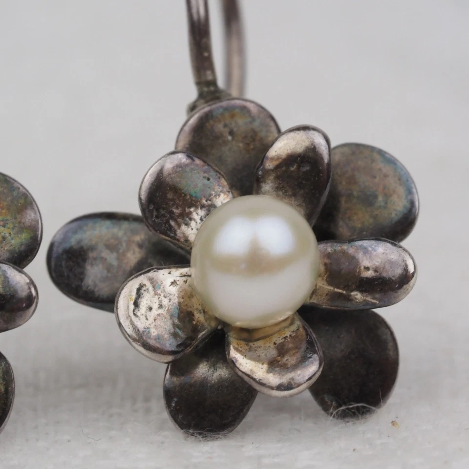 Brincos vintage de prata esterlina 925 Silpada Love Bloom flor pérola pendente - Imagem 3 de 4