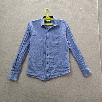 NANYA Men Button Up Shirt L Blue Belgium Linen Long Sleeve