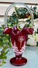 HTF Fenton**HP "STAR BRIGHT" ON RUBY AMBERINA 10" BASKET**..#7686 SQ