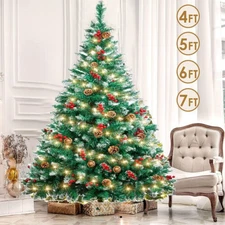 Artificial Christmas Tree Snow Flocked w/ LED Lights & Berry Holiday Xmas Decor