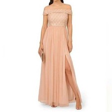 Adrianna Papell Women's Pink Beaded Off The Shoulder Gown Dress Size 12