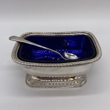 Silver Plated Salt Cellar Mustard Bowl With Cobalt Blue Liner & Spoon