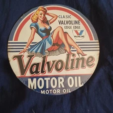Valvoline Pinup Metal Sign 8" Round Man Cave Garage Bar Gas Station Wall Art Oil