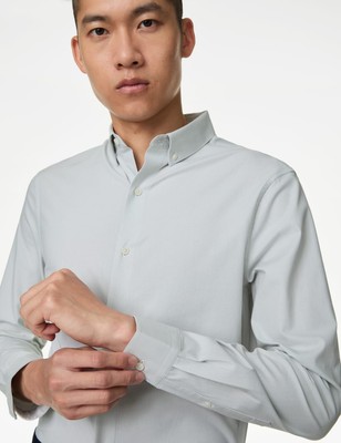 Marks & Spencer Mens Green Cotton Regular Long sleeved Shirt Size S - M&S