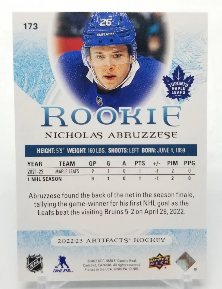 2022-23 Upper Deck Artifacts NICHOLAS ABRUZZESE Rookie RC Light Blue Steel /85 - Image 4 of 4