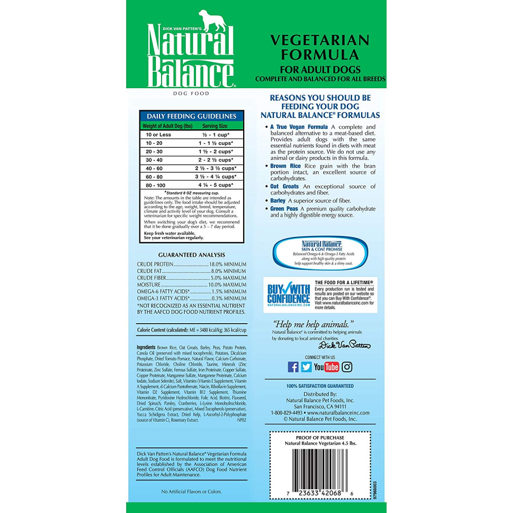 Natural Balance Vegetarian Dry Dog Food Vegan formula 4.5Pound Free