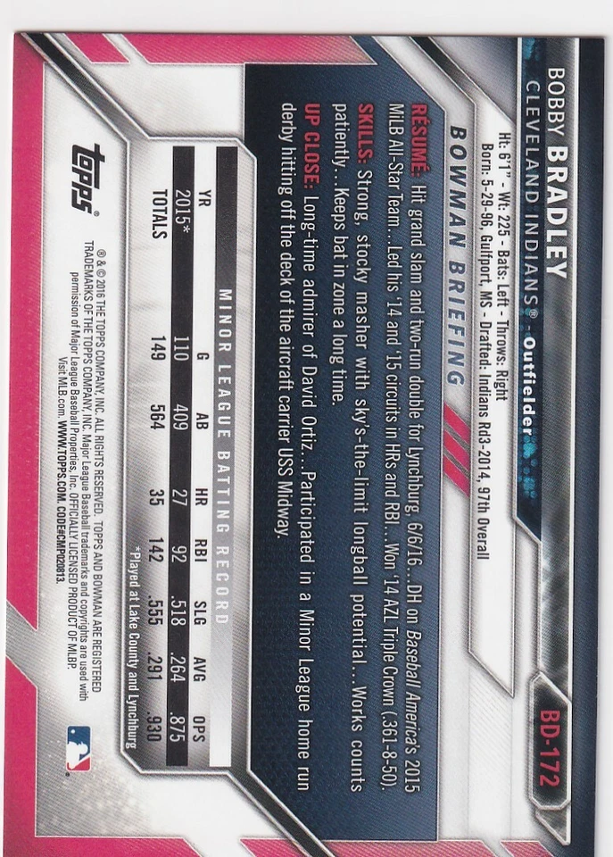 2016 BOWMAN DRAFT RC BOBBY BRADLEY CLEVELAND INDIANS ROOKIE H5893 - Image 2 of 2