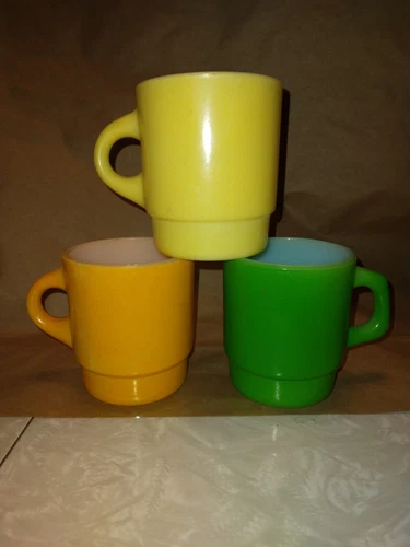 3 Vintage FIRE KING Stacking Coffee Mugs Cups C Handle yellow orange green MCM 