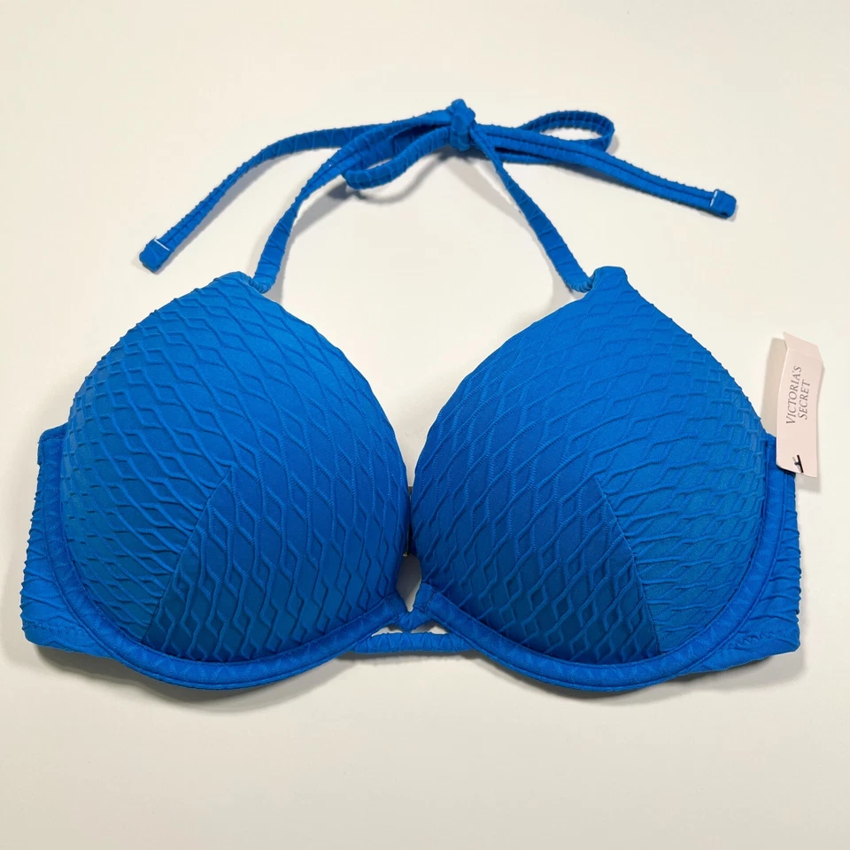 Victoria Secret 38C L Bombshell Push Up Bikini Parte Superior Parte Inferior Conjunto Texturizado Azul Foto 2 de 4