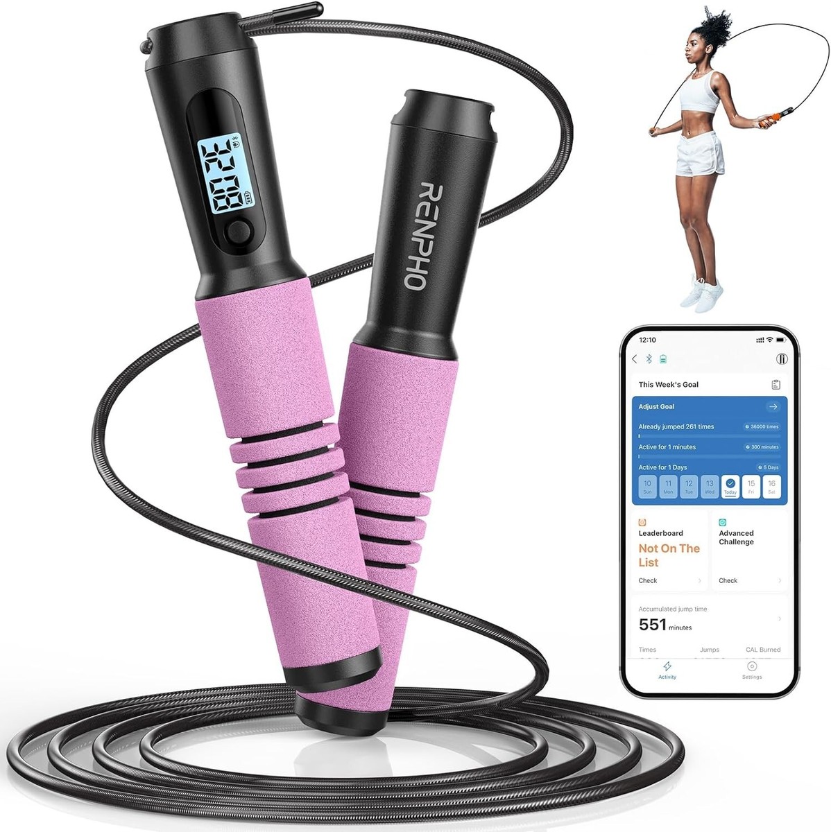 RENPHO Smart Skipping Rope with Counter Adjustable Jump Ropes for