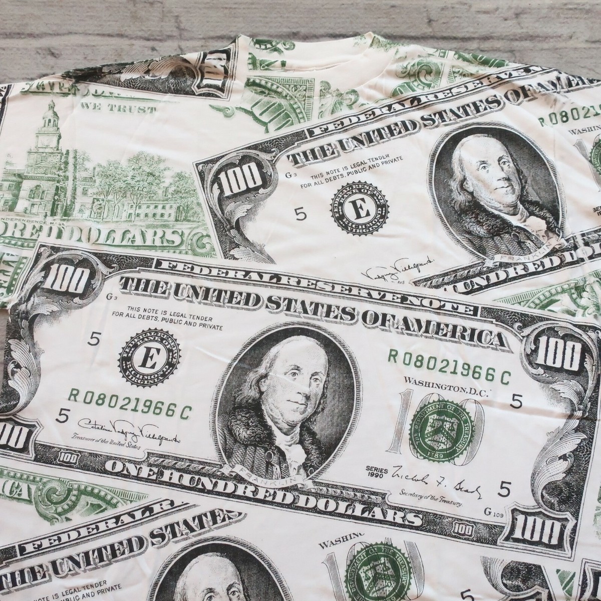 Vintage 100 Dollar Bill Benjamin Money All Over Print Tshirt Rap 