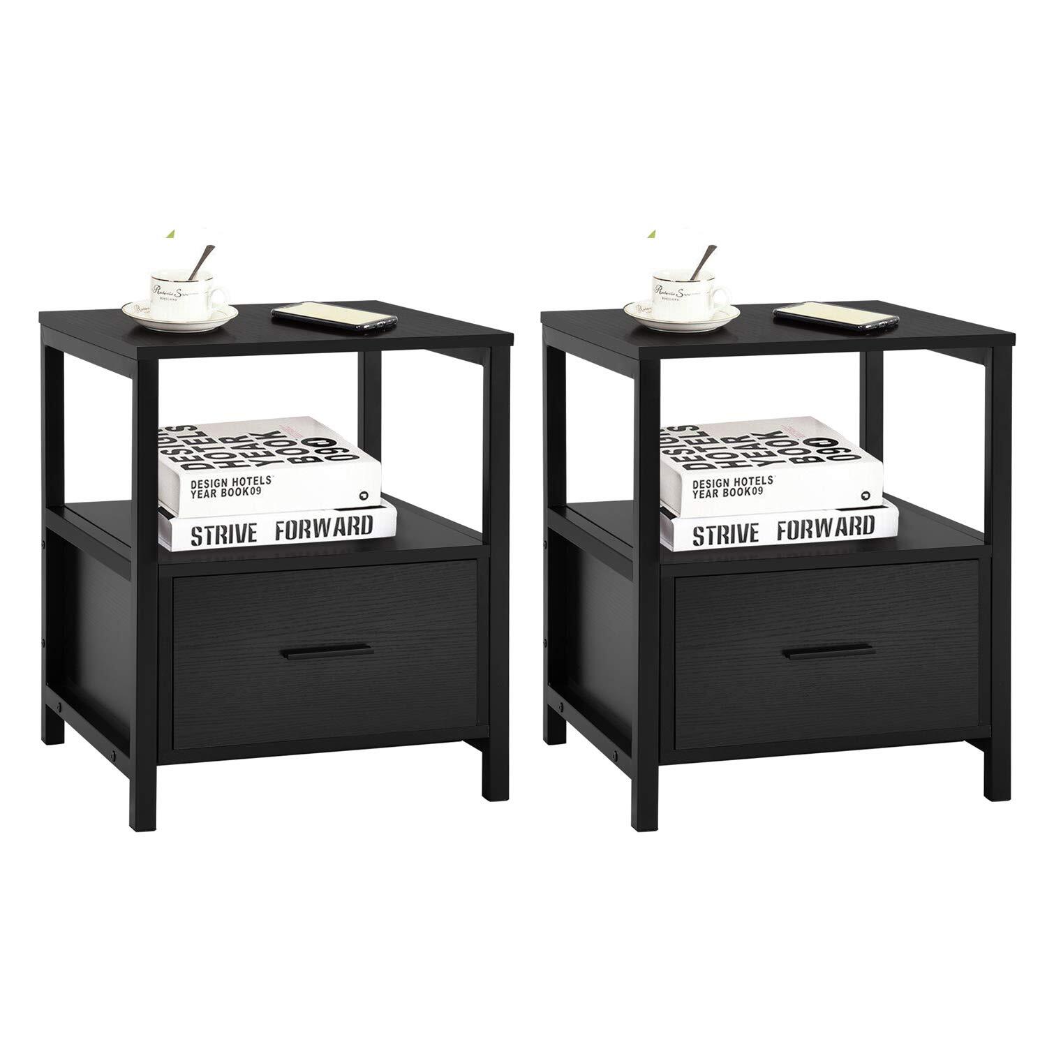 Modern Nightstand Set of 2 with Drawer and Open Shelf Storage-image