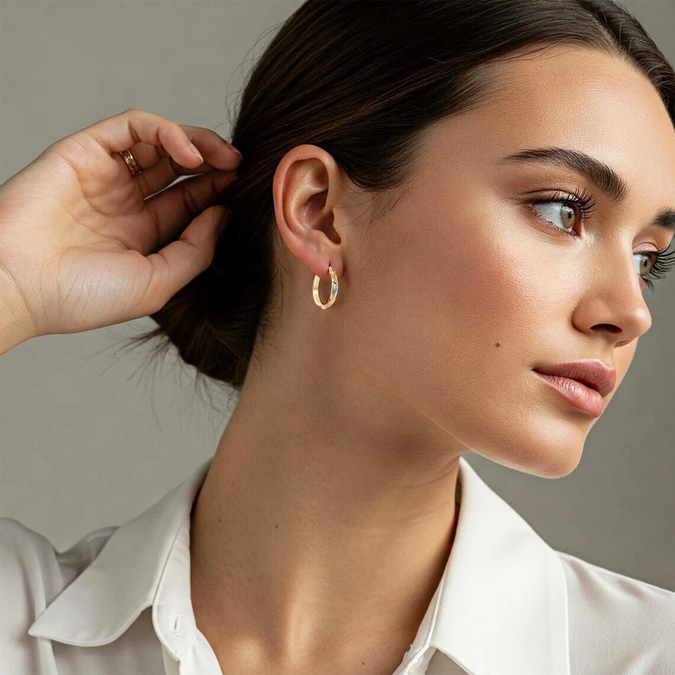 10K Real Solid Tri-Color Gold Diamond-Cut Oval Chunky Italian Hoop Earrings 20MM - Image 2 of 4