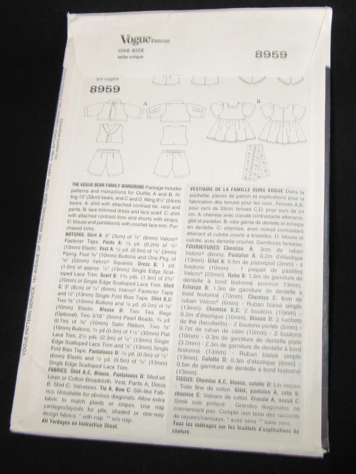 Vogue Craft Pattern 8959 VOGUE Bear Family Wardrobe Outfits Linda Carr UNCUT - Image 3 of 4