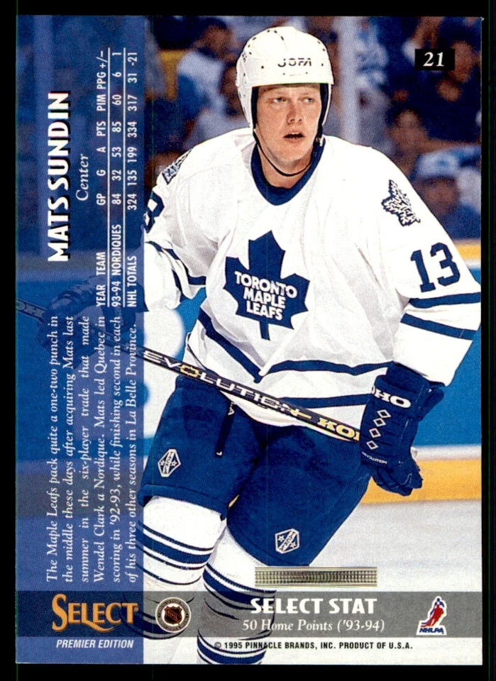 1994-95 Select Mats Sundin Toronto Maple Leafs #21 - Image 2 of 2