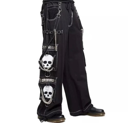 Men's Goth Bondage Pants Techwear Y2K Rave Trousers w/ Chains & Skull Graphic - Picture 4 of 4