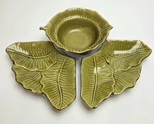 Vintage MCM California Pottery Leaf,Set Of 3 - M700- Avocado Olive Green w/ Gold