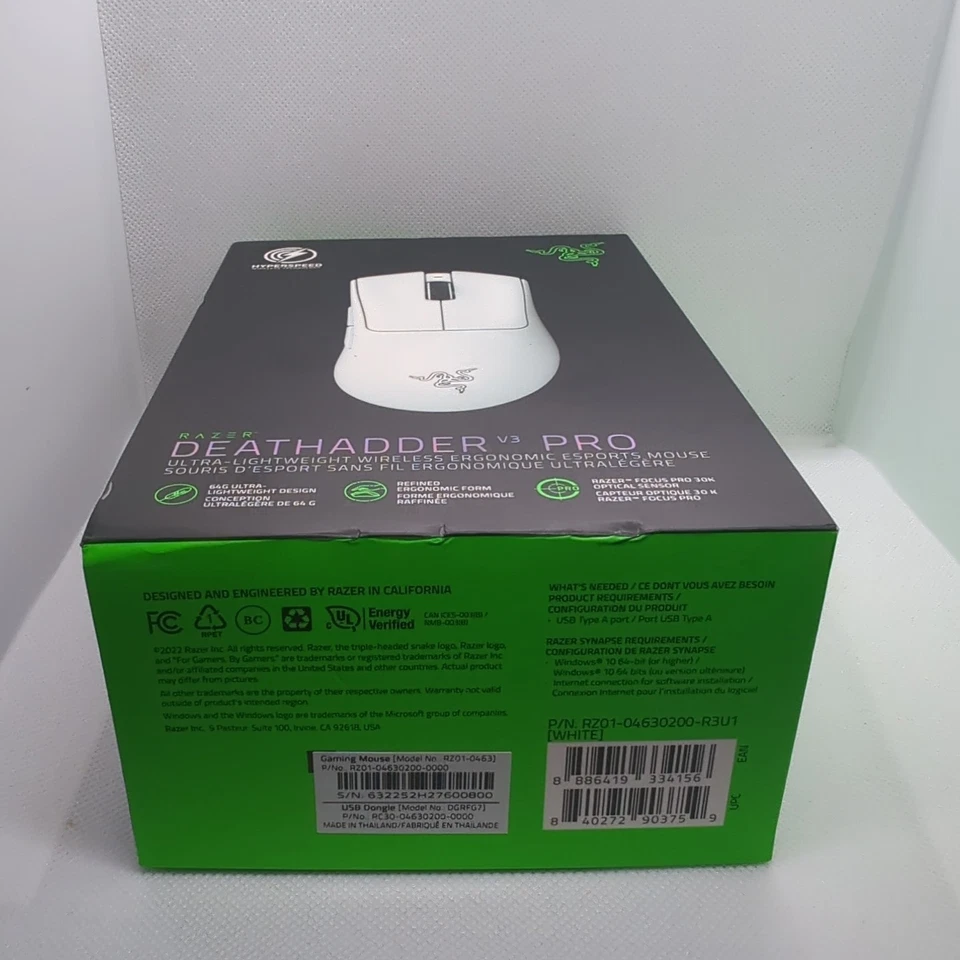 Razer DeathAdder V3 Pro White Wireless Gaming Mouse 30K DPI 64g  Ergonomic - NIB - Image 4 of 4