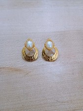 Gold Tone Oval Simulated Pearl Dangle Drop Ea...