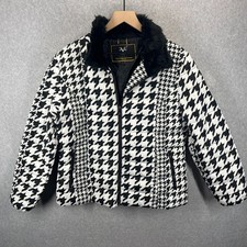 19V69 Italia Versace Jacket Puffer Houndstooth Black White Womens L Faux Fur EUC