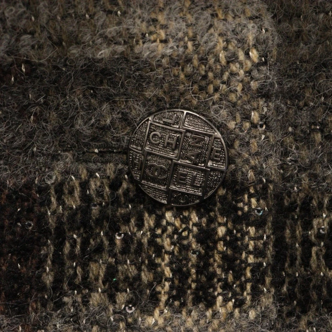 Giacca corta Chanel tweed logo bottoni grigio paillettes taglia 38 donna