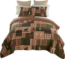 Full/Queen Bedding Set - 3 Piece - Green Forest Lodge Quilt Set with Full/Queen