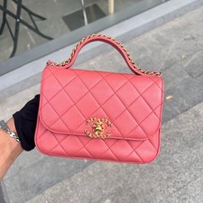 Chanel Pink Quilted Lambskin Top Handle Flap Bag Gold Tone Hardware Crossbody